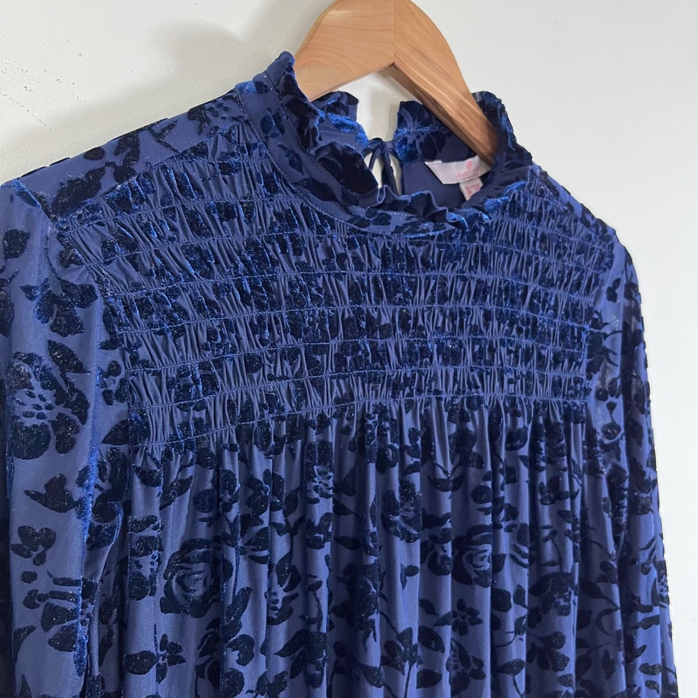 Laurie Felt Floral Burnout Velvet Smocked Mock Neck Ruffle Collar Blue Blouse XS